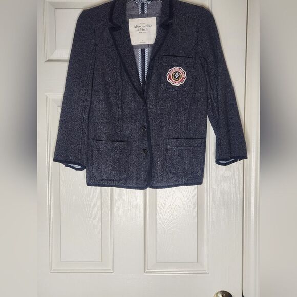 Abercrombie & Fitch M Gray Herringbone WOOL Blend Pockets 3 Buttons Women Blazer - Picture 1 of 9